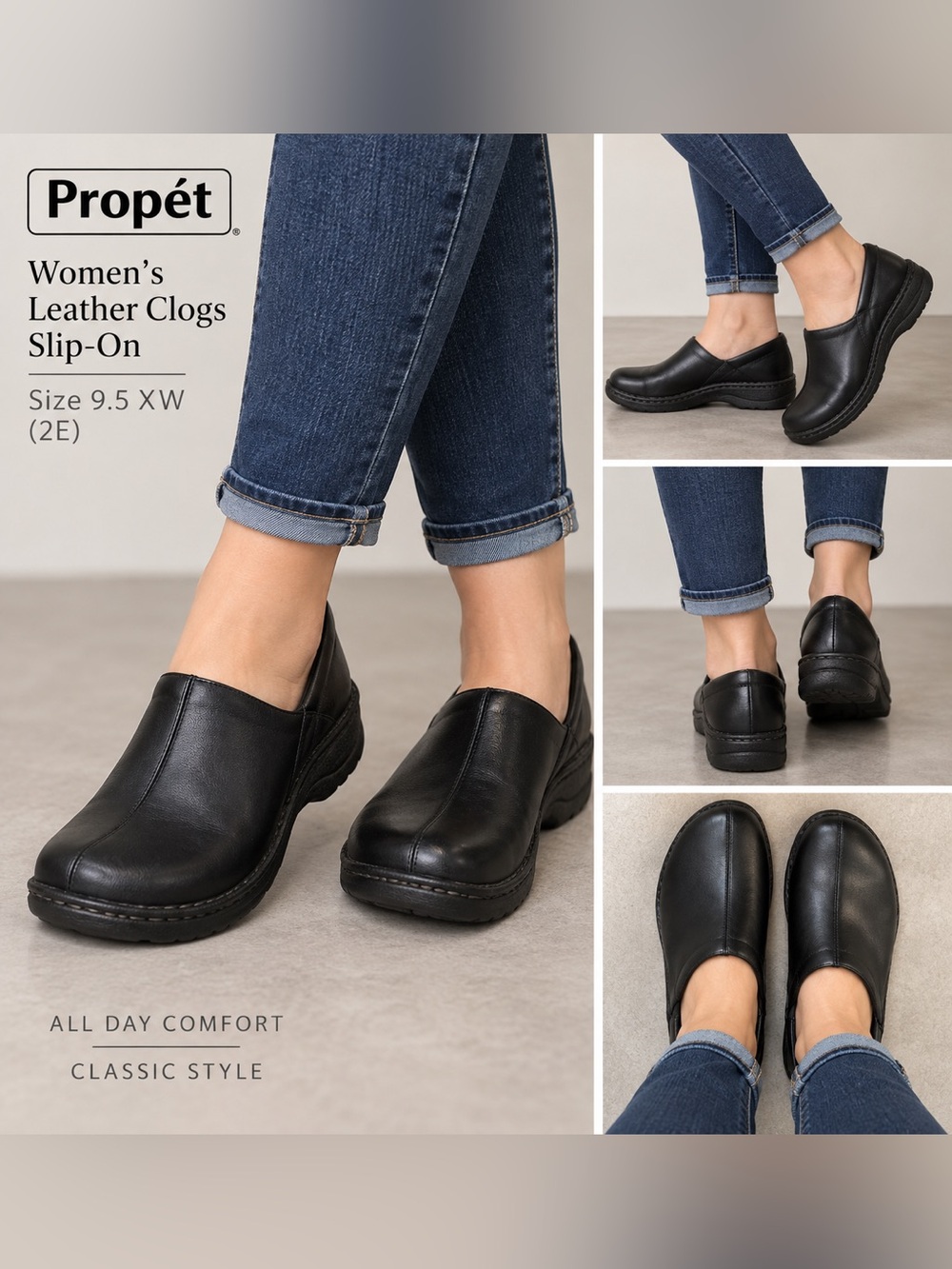 Propét 9.5 XW women’s shoe - black clogs. Black Leather Slip-On 9 1/2  X(2E) - Picture 3 of 14